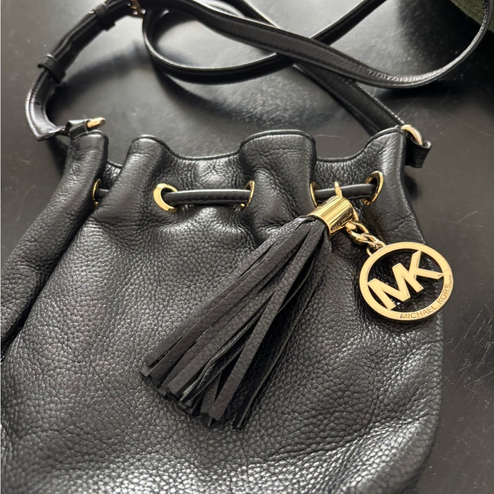 Michael Kors Black Leather Shoulder Bag with Gold Accents
